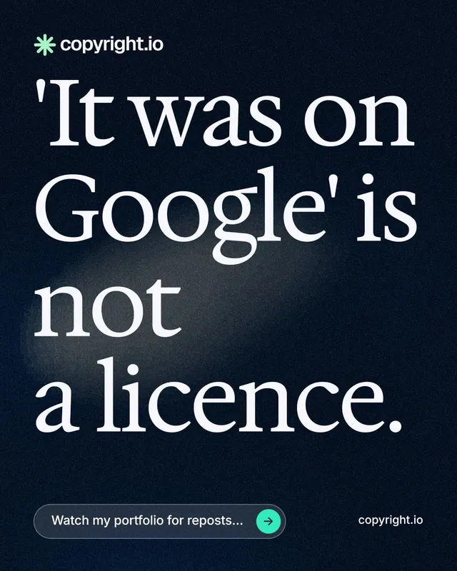 Instagram portrait post for copyright.io: "'It was on Google' is not a licence." Thermal style, poster layout, dark palette in black, grey.