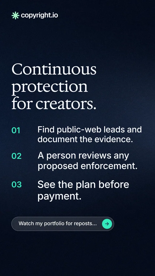 Instagram story for copyright.io: "Continuous protection for creators." Agentic glass style, numbered layout, dark palette in blue, black, grey.