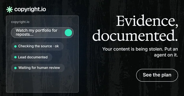 Social ad for copyright.io: "Evidence, documented." Phosphor atlas style, right layout, dark palette in black, grey.
