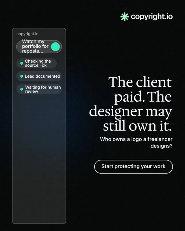 Instagram portrait post for copyright.io: "The client paid. The designer may still own it." Phosphor atlas style, right layout, dark palette in black.