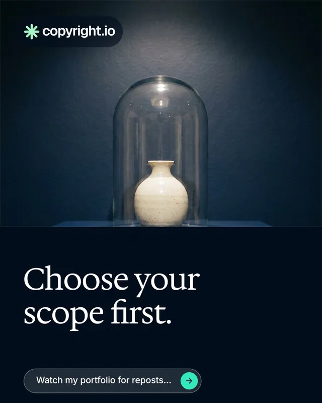 Instagram portrait post for copyright.io: "Choose your scope first." Agentic glass style, bottom layout, dark palette in black, blue, grey.