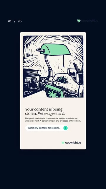Video for copyright.io. Ad flipbook, 7.5 s, dark palette.