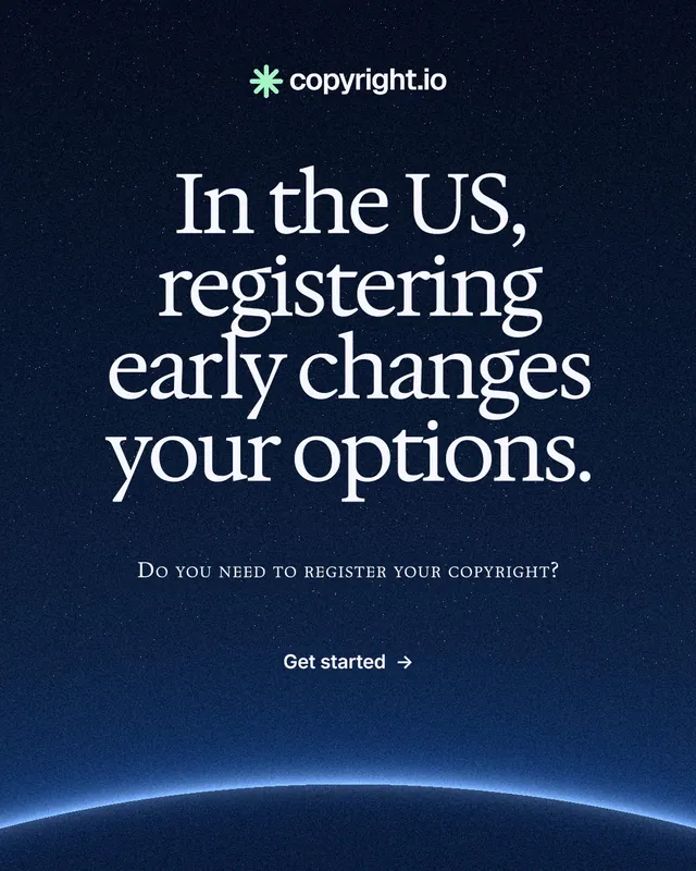 Instagram portrait post for copyright.io: "In the US, registering early changes your options." Swiss style, smallcaps layout, dark palette in blue, black.