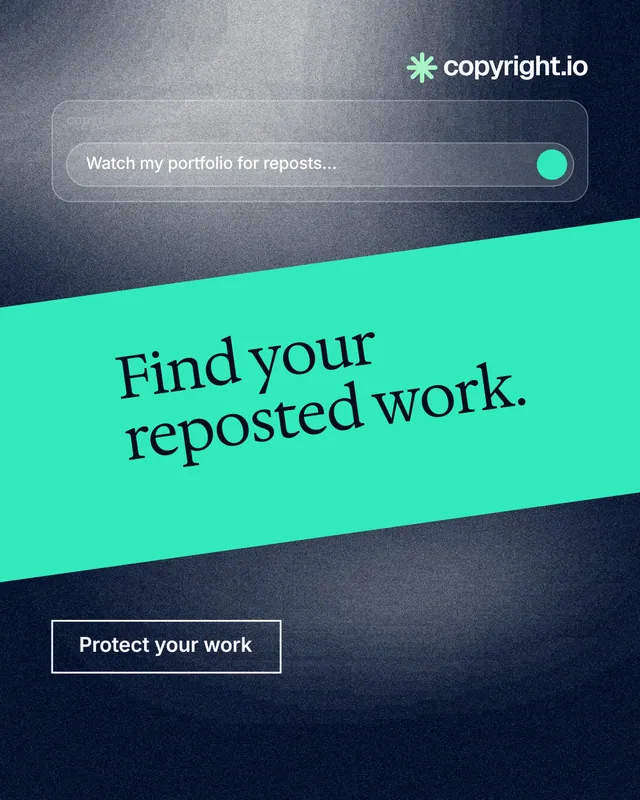 Instagram portrait post for copyright.io: "Find your reposted work." Cyanotype style, diagonal layout, light palette in teal, black, blue.