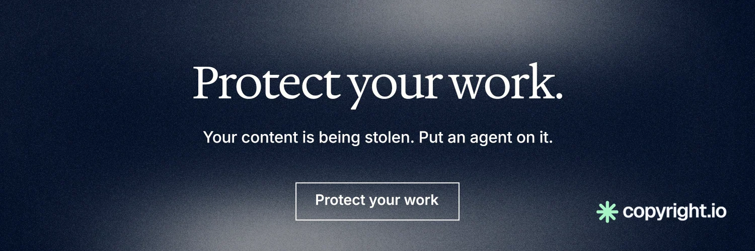 X header for copyright.io: "Protect your work." Cyanotype style, centred layout, dark palette in blue, grey, black.
