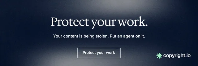 X header for copyright.io: "Protect your work." Cyanotype style, centred layout, dark palette in blue, grey, black.
