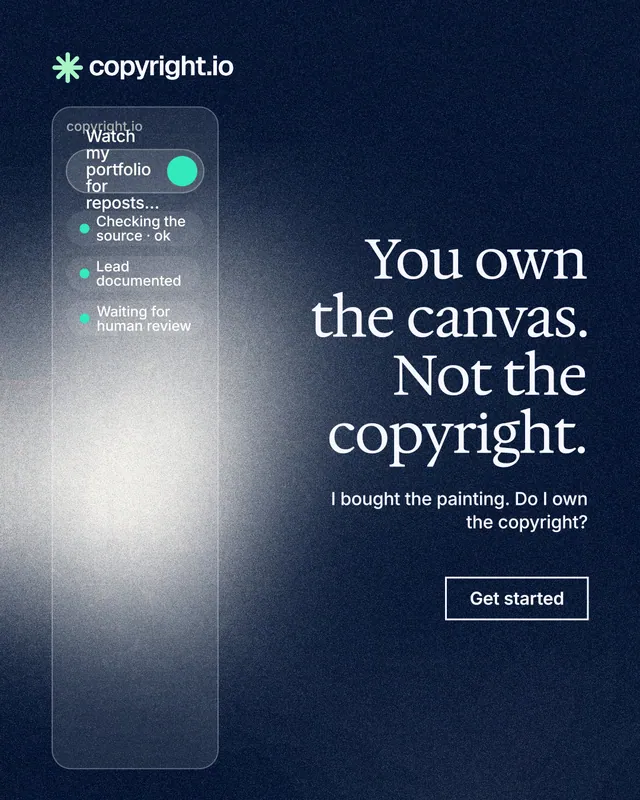 Instagram portrait post for copyright.io: "You own the canvas. Not the copyright." Cyanotype style, right layout, dark palette in black, blue, grey.