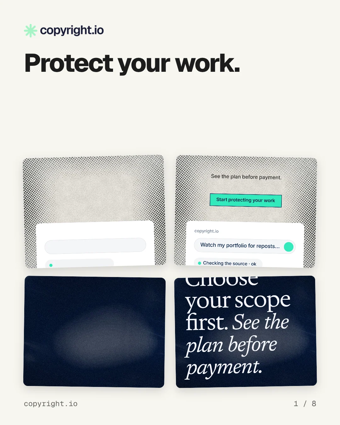 Carousel for copyright.io: "Protect your work.". Collection carousel, 8 slides, light palette.