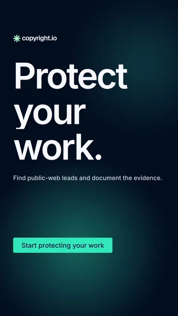 Video for copyright.io: "Protect your work.". Doc motion loop, 7.0 s, dark palette.
