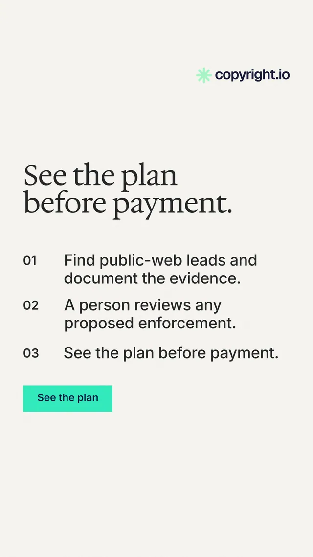 Instagram story for copyright.io: "See the plan before payment." Swiss style, numbered layout, light palette in white, grey.