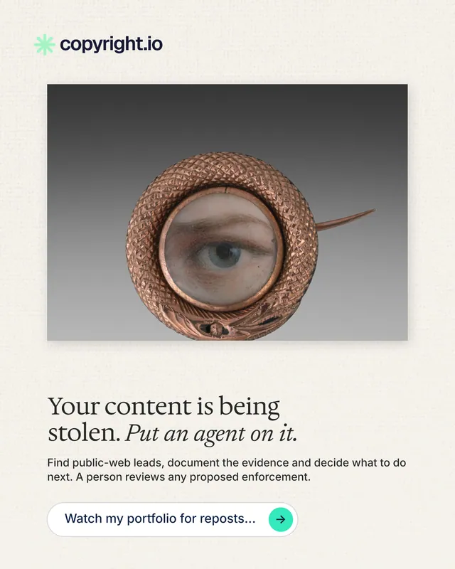 Instagram portrait post for copyright.io: "Your content is being stolen. Put an agent on it." Agentic glass style, bottom layout, light palette in grey, white.