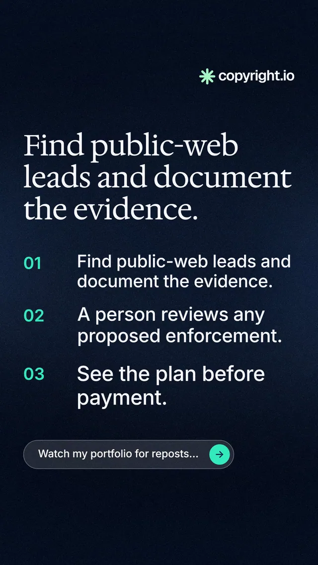 Instagram story for copyright.io: "Find public-web leads and document the evidence." Agentic glass style, numbered layout, dark palette in black, grey.