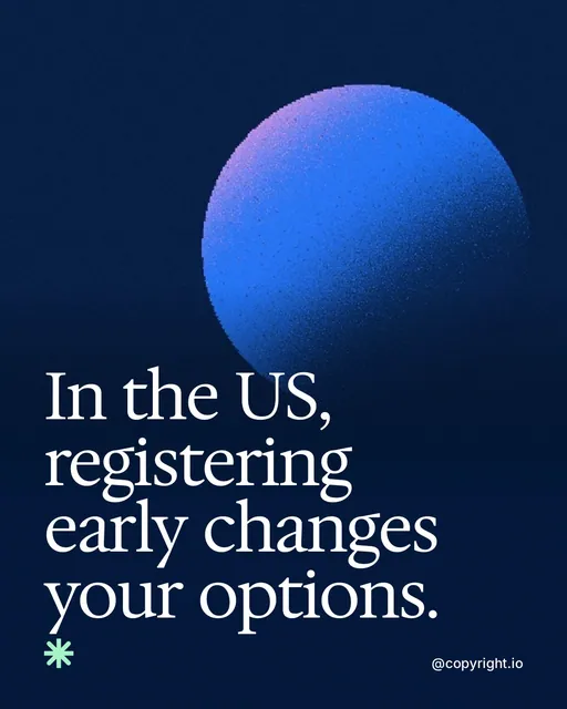 Video for copyright.io: "In the US, registering early changes your options.". Shader loop, 6.0 s, dark palette.