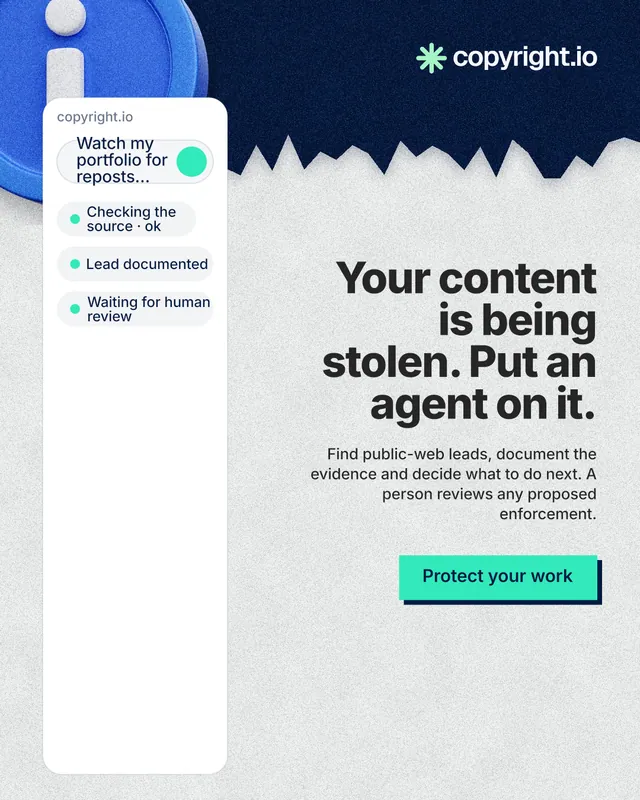 Instagram portrait post for copyright.io: "Your content is being stolen. Put an agent on it." Paper trio style, right layout, light palette in white, blue.