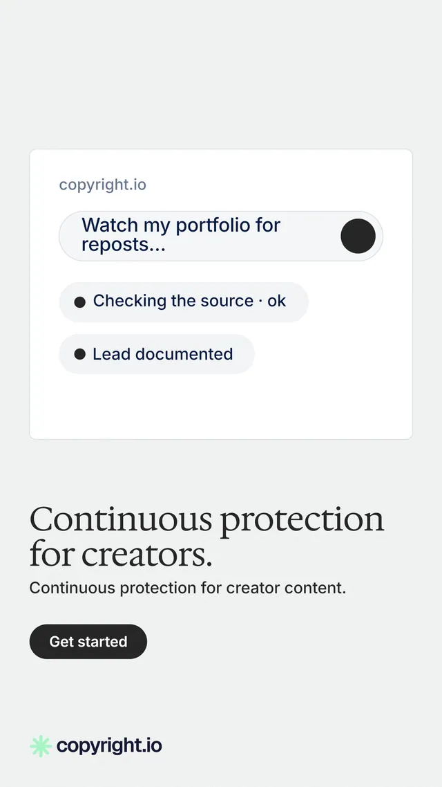 Instagram story for copyright.io: "Continuous protection for creators." Data card style, bottom layout, light palette in white.