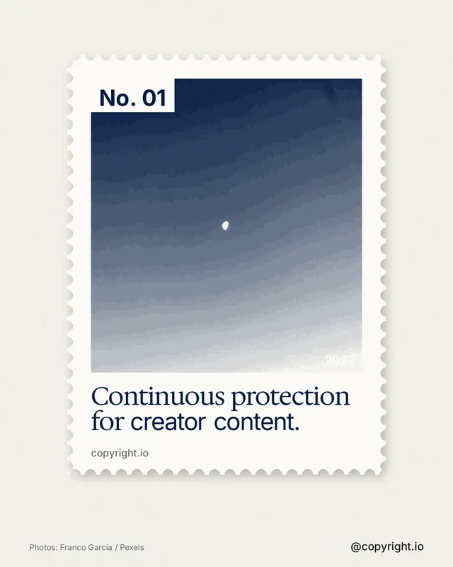 Instagram portrait post for copyright.io: "Continuous protection for creator content." Single style, technique:stamp series layout, light palette in white, blue.