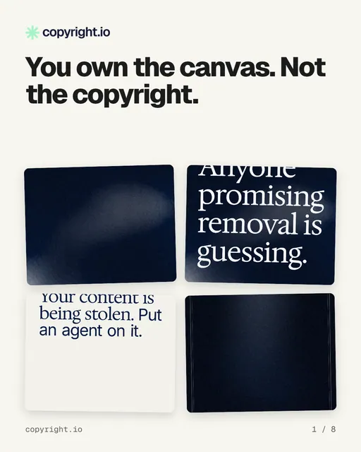 Carousel for copyright.io: "You own the canvas. Not the copyright.". Collection carousel, 8 slides, light palette.