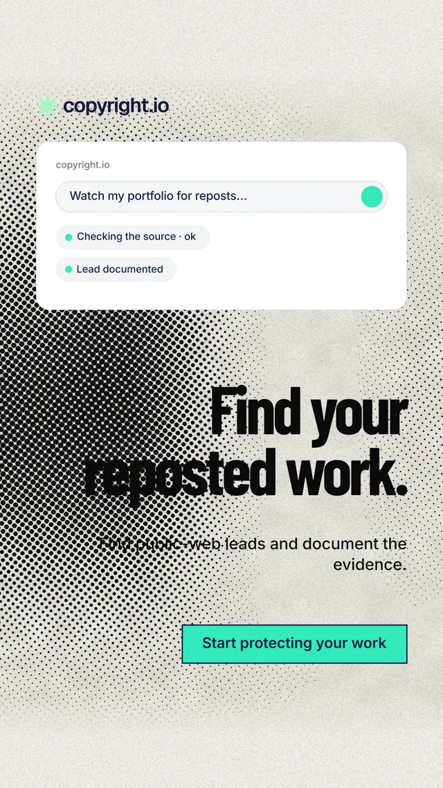 Instagram story for copyright.io: "Find your reposted work." Ink sticker style, right layout, light palette in white, grey.