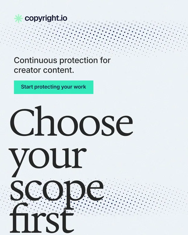 Instagram portrait post for copyright.io: "Choose your scope first." Swiss style, oversized layout, light palette in white, teal, grey.