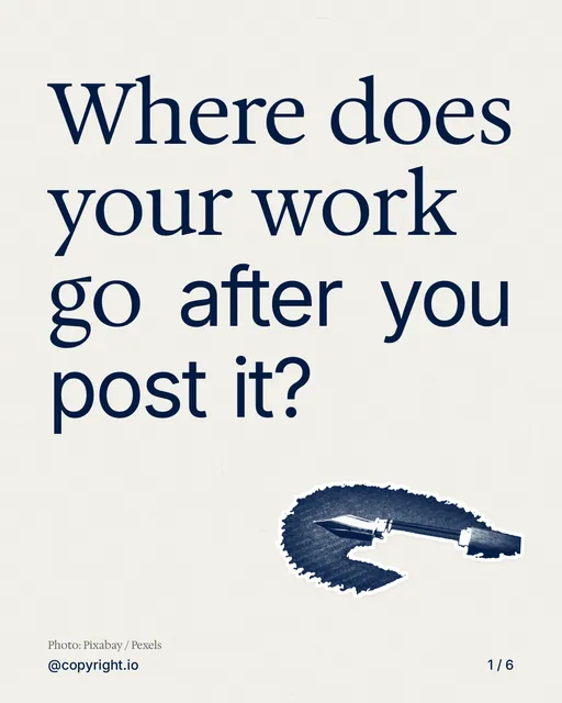 Carousel for copyright.io: "Where does your work go after you post it?". Cutout essay, 6 slides, light palette.