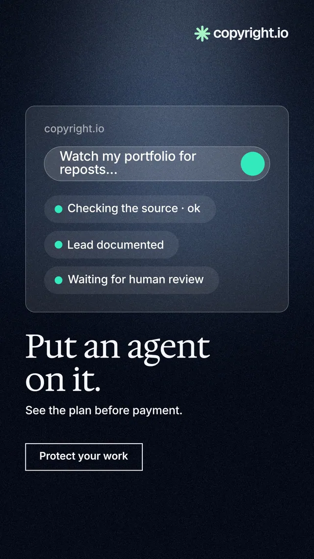 Instagram story for copyright.io: "Put an agent on it." Dark deco style, bottom layout, dark palette in black, blue, grey.