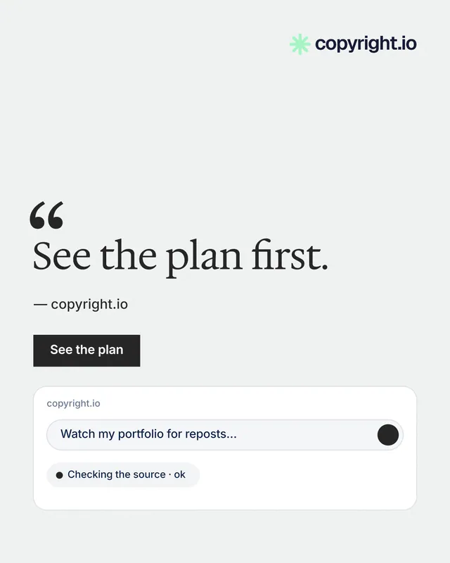 Instagram portrait post for copyright.io: "See the plan first." Swiss style, quote layout, light palette in white.