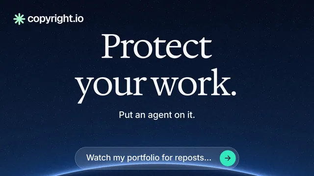 Landscape graphic for copyright.io: "Protect your work." Agentic glass style, centred layout, dark palette in blue, black.