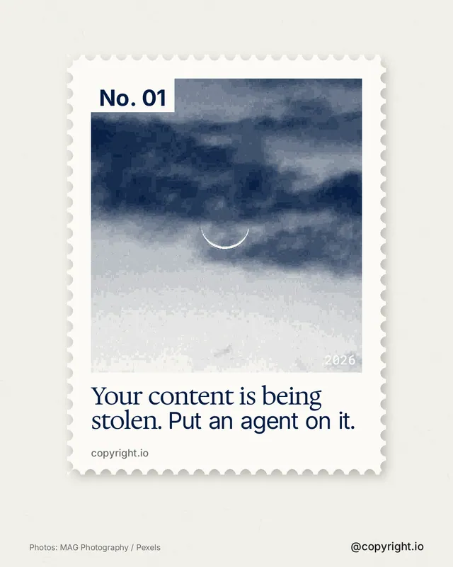 Instagram portrait post for copyright.io: "Your content is being stolen. Put an agent on it." Single style, technique:stamp series layout, light palette in white, grey.