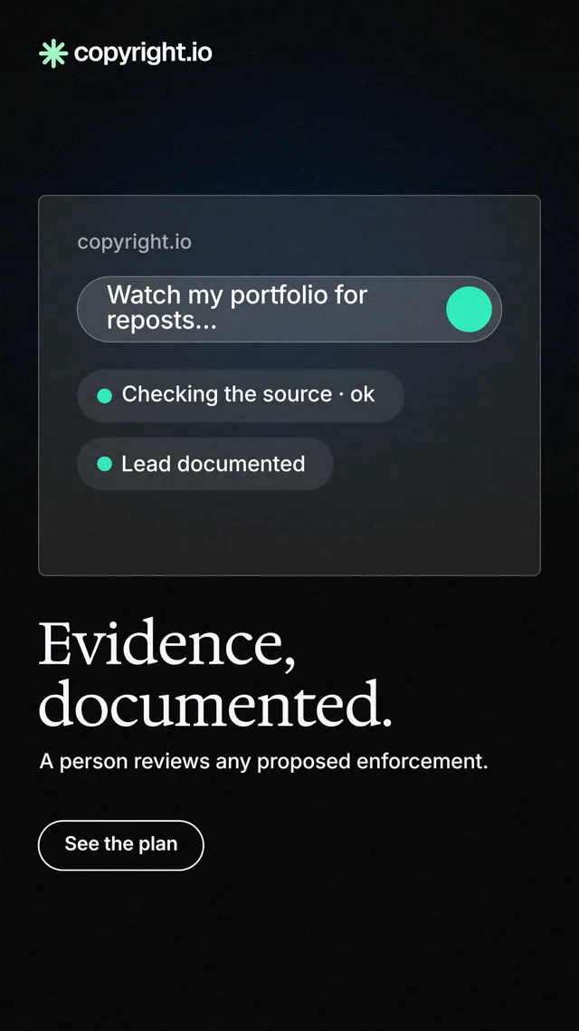 Instagram story for copyright.io: "Evidence, documented." Phosphor atlas style, bottom layout, dark palette in black, grey.