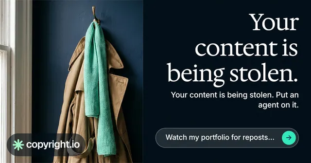 Social ad for copyright.io: "Your content is being stolen." Agentic glass style, right layout, dark palette in black, grey.