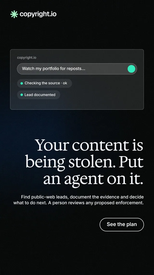 Instagram story for copyright.io: "Your content is being stolen. Put an agent on it." Phosphor atlas style, right layout, dark palette in black.