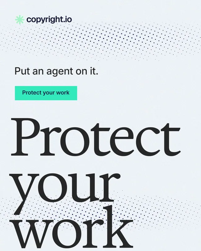 Instagram portrait post for copyright.io: "Protect your work." Swiss style, oversized layout, light palette in white, grey.