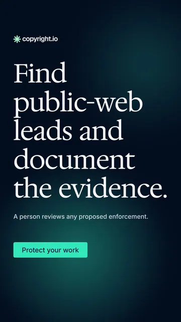 Video for copyright.io: "Find public-web leads and document the evidence.". Doc motion loop, 6.0 s, dark palette.
