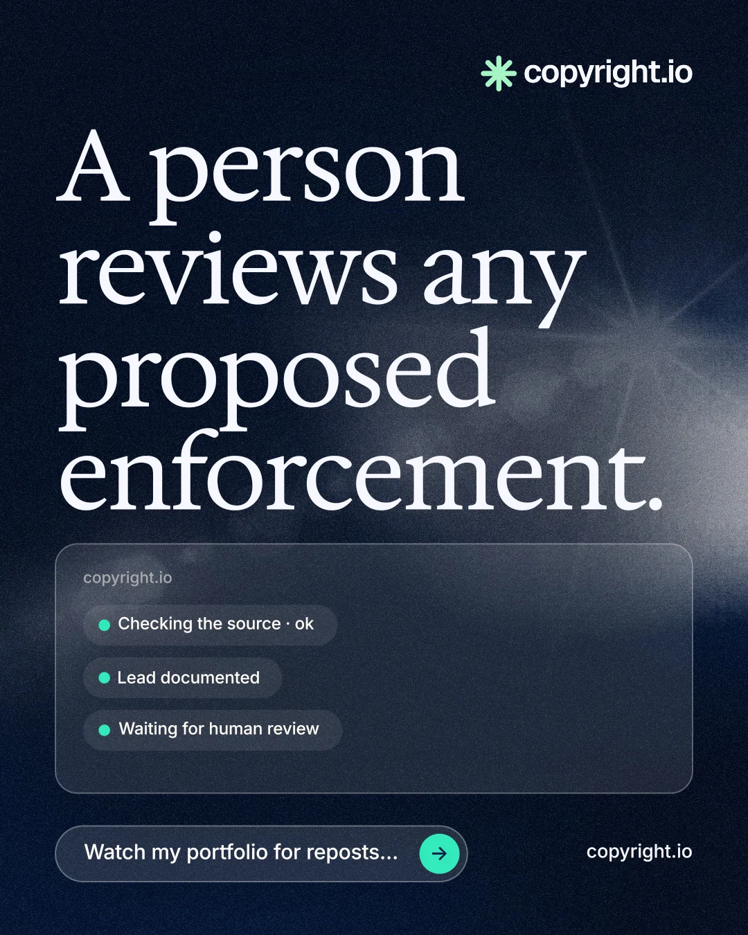 Instagram portrait post for copyright.io: "A person reviews any proposed enforcement." Thermal style, poster layout, dark palette in blue, black, grey.