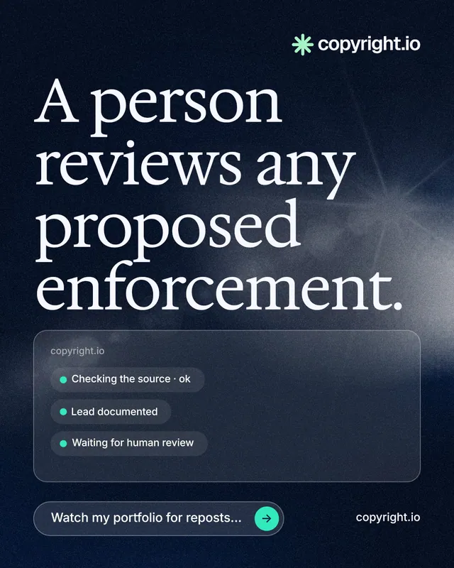 Instagram portrait post for copyright.io: "A person reviews any proposed enforcement." Thermal style, poster layout, dark palette in blue, black, grey.