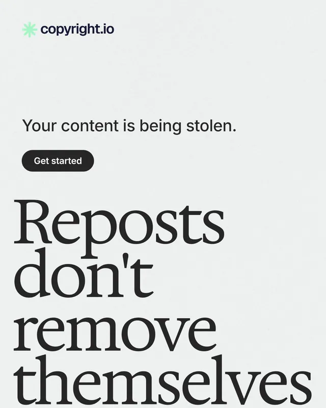 Instagram portrait post for copyright.io: "Reposts don't remove themselves." Data card style, oversized layout, light palette in white, grey.