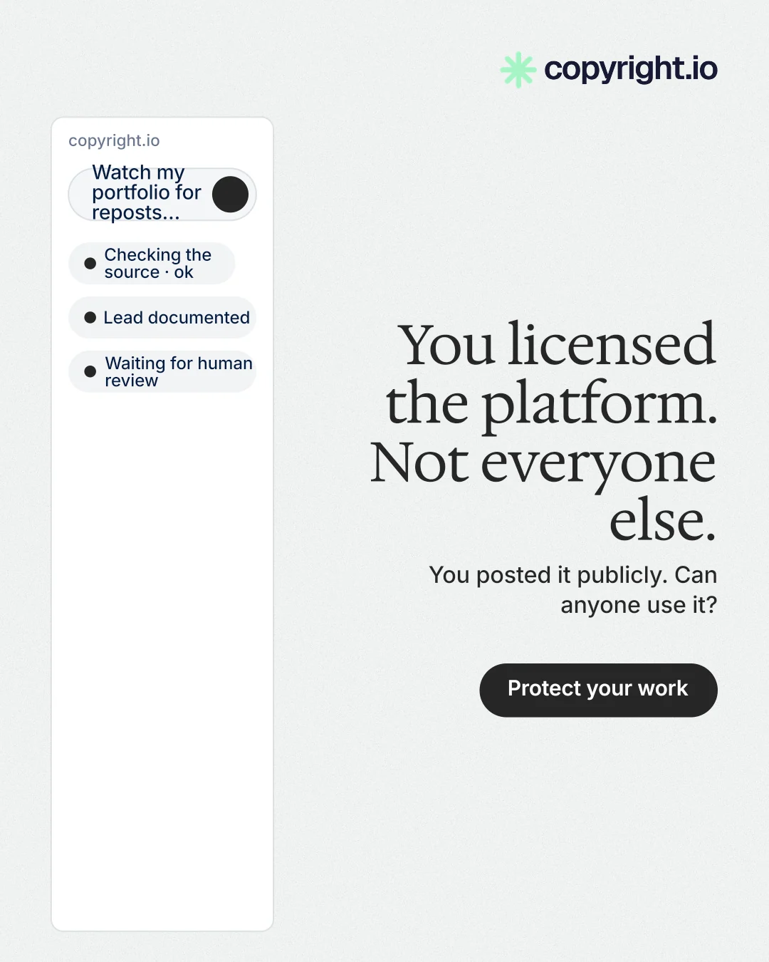 Instagram portrait post for copyright.io: "You licensed the platform. Not everyone else." Data card style, right layout, light palette in white.