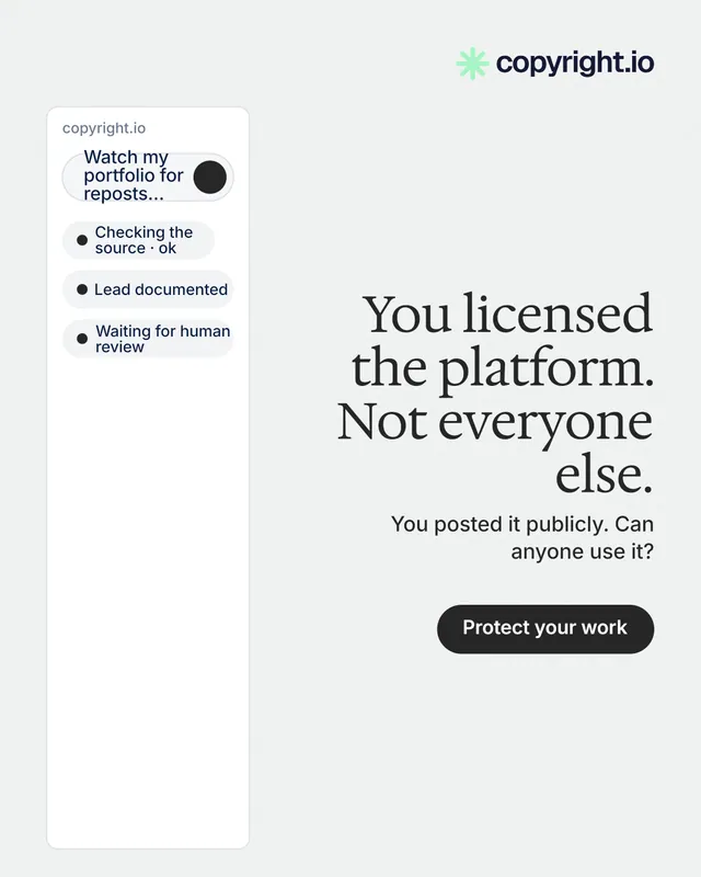 Instagram portrait post for copyright.io: "You licensed the platform. Not everyone else." Data card style, right layout, light palette in white.