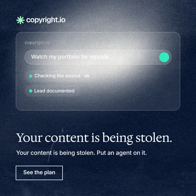 Instagram post for copyright.io: "Your content is being stolen." Cyanotype style, bottom layout, dark palette in grey, blue.