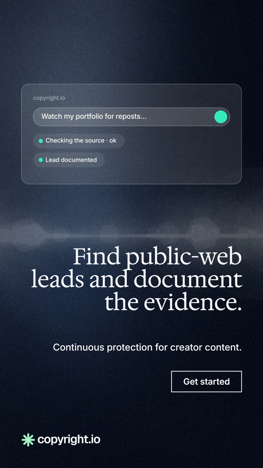 Instagram story for copyright.io: "Find public-web leads and document the evidence." Dark deco style, right layout, dark palette in black, blue, grey.