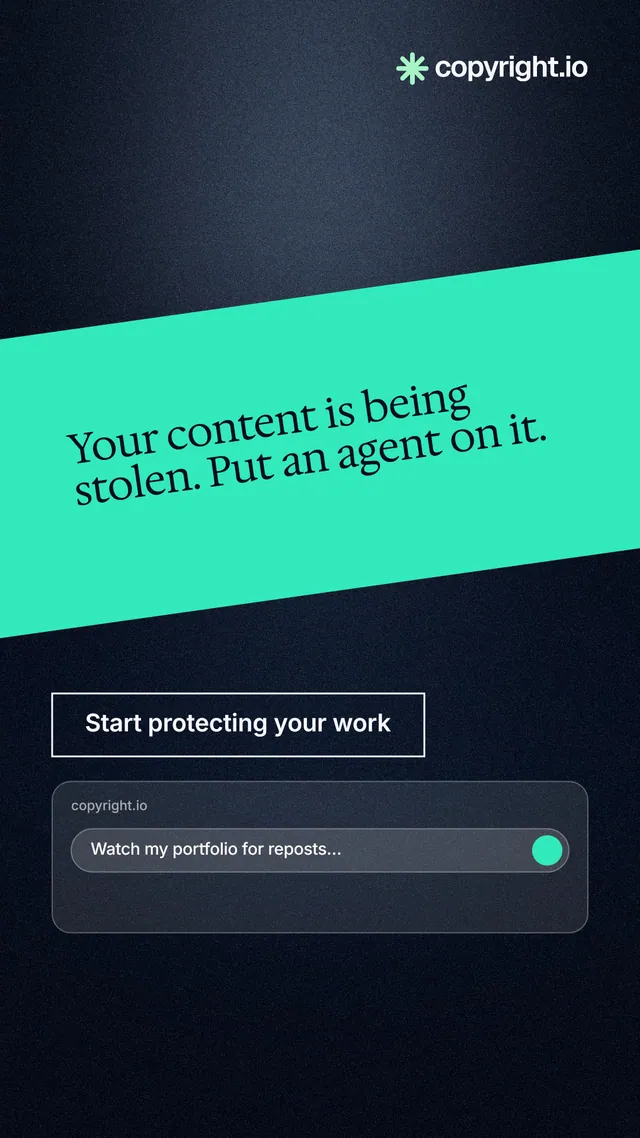 Instagram story for copyright.io: "Your content is being stolen. Put an agent on it." Dark deco style, diagonal layout, dark palette in teal, black, blue.