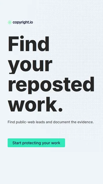 Video for copyright.io: "Find your reposted work.". Doc motion loop, 7.0 s, light palette.