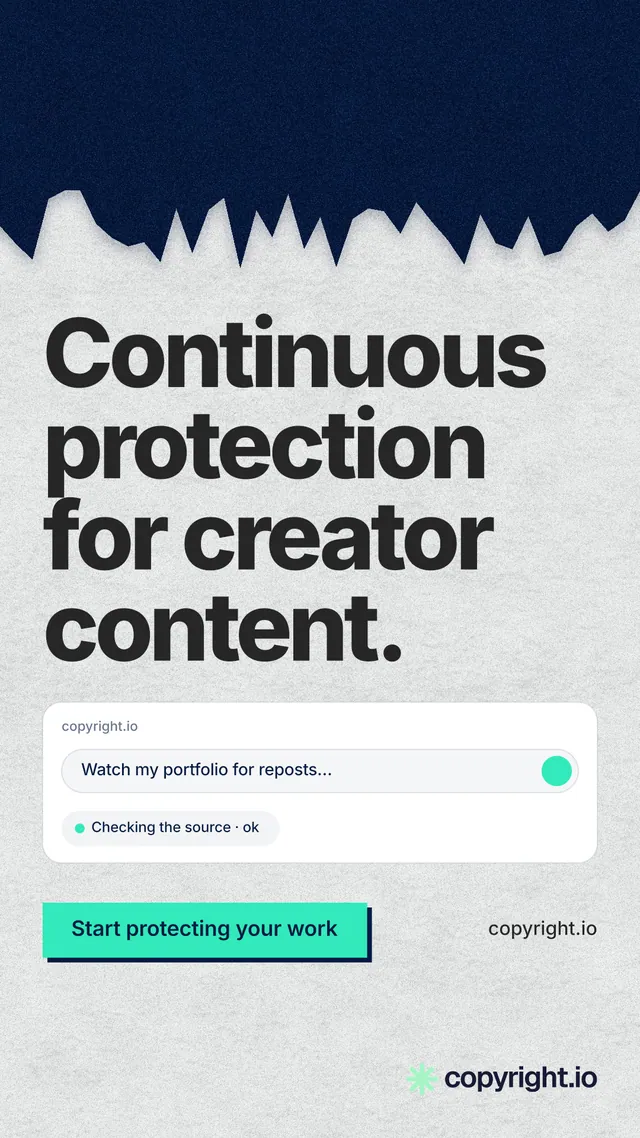 Instagram story for copyright.io: "Continuous protection for creator content." Paper trio style, poster layout, light palette in white, blue, grey.