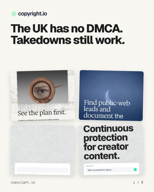 Carousel for copyright.io: "The UK has no DMCA. Takedowns still work.". Collection carousel, 8 slides, light palette.