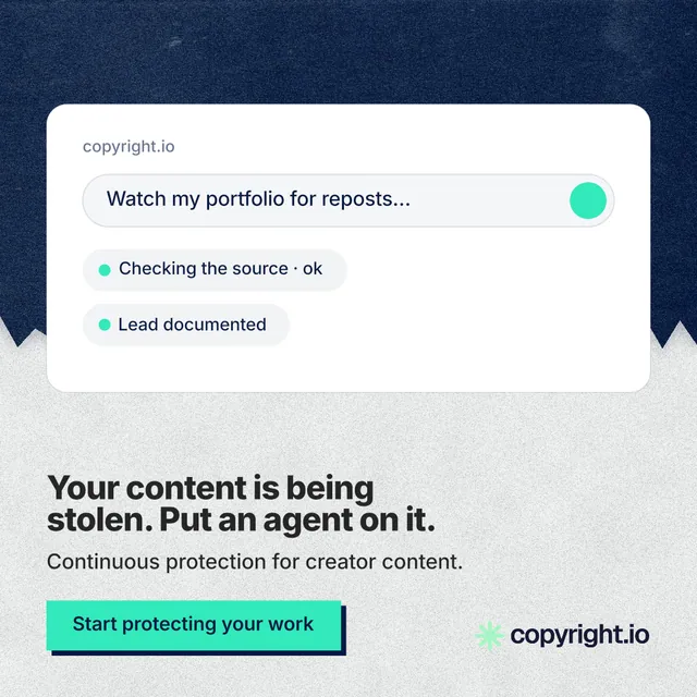 Instagram post for copyright.io: "Your content is being stolen. Put an agent on it." Paper trio style, bottom layout, light palette in teal, blue, white.