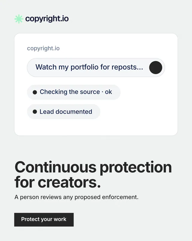 Instagram portrait post for copyright.io: "Continuous protection for creators." Swiss style, bottom layout, light palette in white, grey.