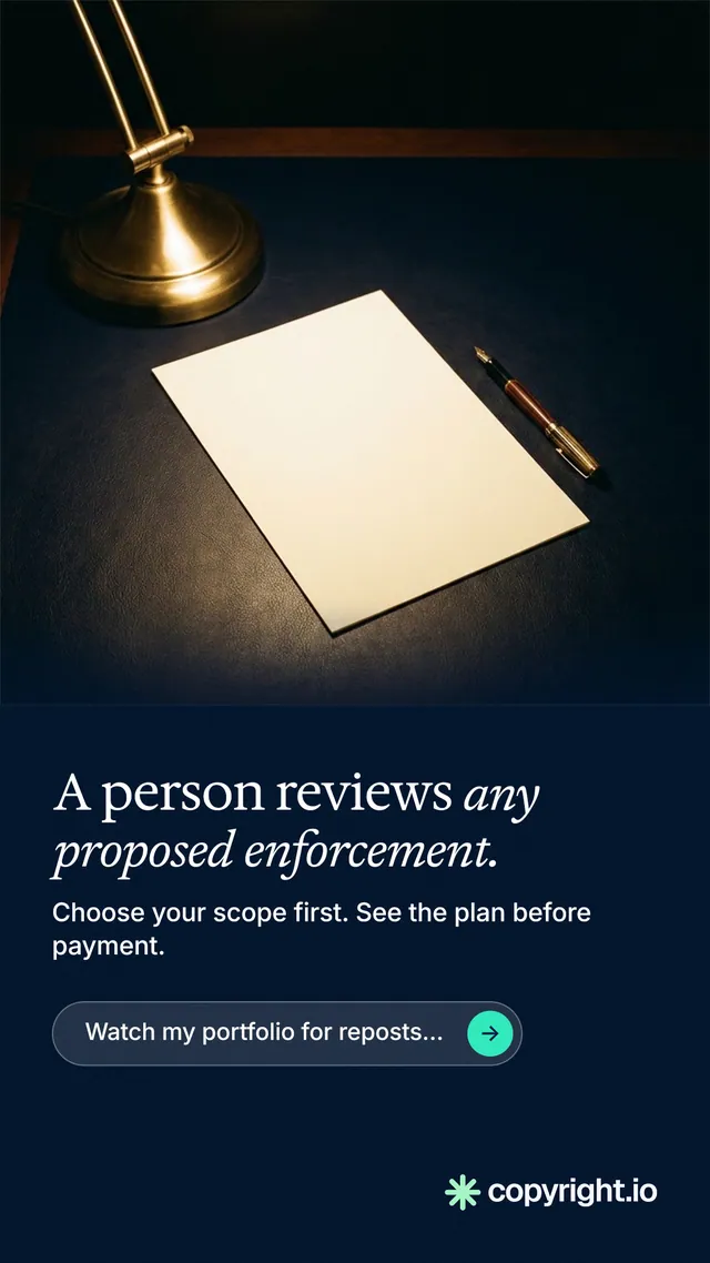 Instagram story for copyright.io: "A person reviews any proposed enforcement." Agentic glass style, bottom layout, dark palette in black, grey.