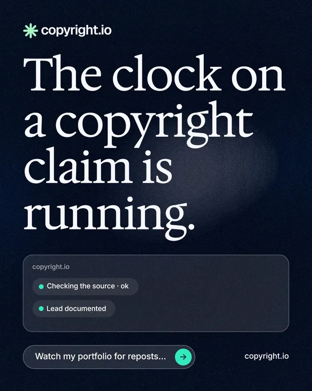Instagram portrait post for copyright.io: "The clock on a copyright claim is running." Thermal style, poster layout, dark palette in blue, black, grey.