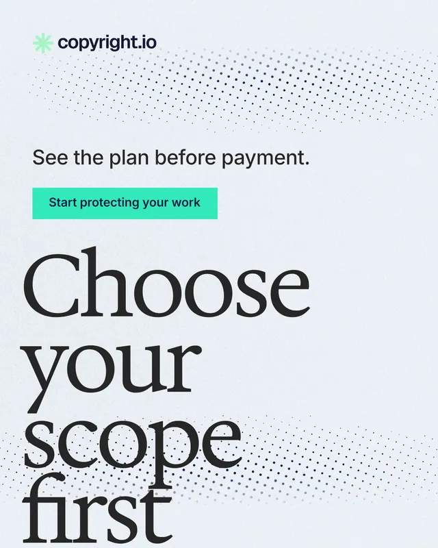 Instagram portrait post for copyright.io: "Choose your scope first." Swiss style, oversized layout, light palette in white, grey, teal.