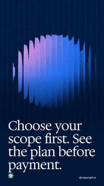 Video for copyright.io: "Choose your scope first. See the plan before payment.". Shader loop, 6.0 s, dark palette.